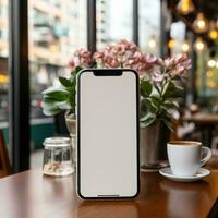 Plain cellphone and laptop mockup with modern lifestyle design workspace background for work and communication, great for networking, business, marketing etc. Ai generative image photo
