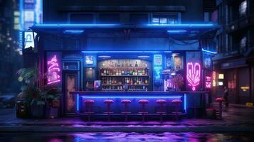 generativo ai, cyberpunk estilo bar o cafetería. noche escena de grande ciudad, futurista nostálgico años 80, años 90 neón luces vibrante colores, fotorrealista horizontal ilustración. foto