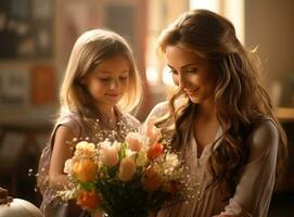 Girl giving flowers to her teacher photo