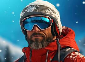 A skier wearing ski goggles and a ski helmet photo