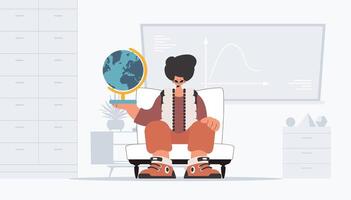 The fellow is holding a huge globe, the subject of learning. Trendy style, Vector Illustration