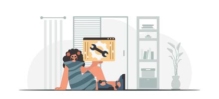 A woman is sitting on the floor holding a computer vector