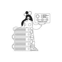 Girl interacts cloud storage server for Internet of Things in a linear style vector