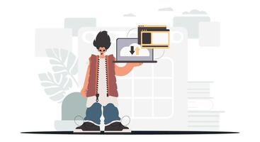 The person is holding a tablet, which is synchronized with the information capacity. Trendy style, Vector Illustration