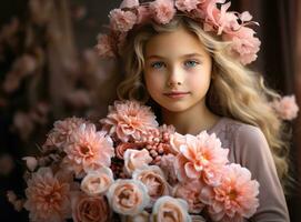 hermosa niña con flores rosas foto