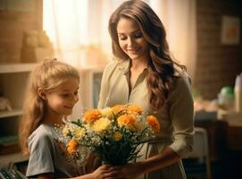 Girl giving flowers to her teacher photo