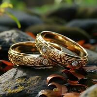 A pair of gold rings, romantic celebration design background at wedding, love. Ai generative concept photo