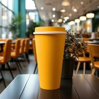A cup of yellow plastic cup with blank and blur background, great for mockup, marketing, decoration, business, online shop materials, social media. Generative Ai Images photo