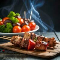Meat skewers or satay on a meat burner grill with delicious meat texture, great for brands, restaurants, websites, blogs, companies, food businesses. The concept of generative Ai photo