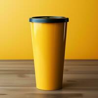 A cup of yellow plastic cup with blank and blur background, great for mockup, marketing, decoration, business, online shop materials, social media. Generative Ai Images photo