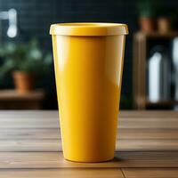 A cup of yellow plastic cup with blank and blur background, great for mockup, marketing, decoration, business, online shop materials, social media. Generative Ai Images photo