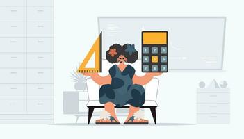 Enthusiastic woman holding a ruler and calculator, learning subject. Trendy style, Vector Illustration