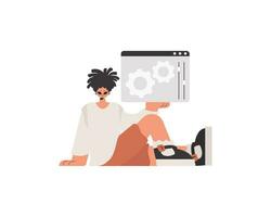 The person is holding a browser window with gears. SEO and web analyzing point. Limited. Trendy style, Vector Illustration