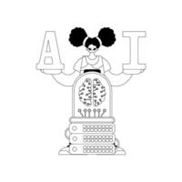 Girl and AI server illustrated in linear style, reflecting AI theme vector