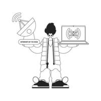 The guy has a laptop with an antenna to work with Internet of Things data, in a linear style vector