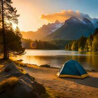 Panoramic view with camping tents in river, mountains and forest area concept in winter, summer and spring. Good for websites, blogs, social media, advertising, business etc. Ai generated image photo