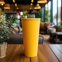 un taza de amarillo el plastico taza con blanco y difuminar fondo, genial para Bosquejo, marketing, decoración, negocio, en línea tienda materiales, social medios de comunicación. generativo ai imágenes foto