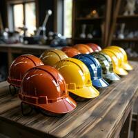 Head protection safety helmet for building, industrial, engineering, architect, labor, industrial contractor work. good for business, work, website, company etc. Generative Image Ai photo