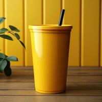 un taza de amarillo el plastico taza con blanco y difuminar fondo, genial para Bosquejo, marketing, decoración, negocio, en línea tienda materiales, social medios de comunicación. generativo ai imágenes foto