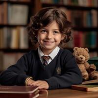 sonriente niño colegio chico. generativo ai foto