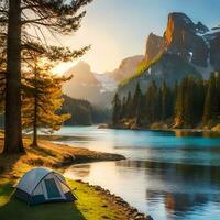 Panoramic view with camping tents in river, mountains and forest area concept in winter, summer and spring. Good for websites, blogs, social media, advertising, business etc. Ai generated image photo