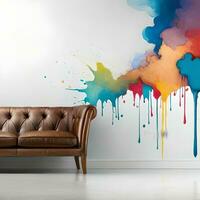 Colorful paint stains on the wall with simple table chairs furniture, great for business, company, website, advertisement, decoration inspiration, residential etc. Ai generative concept photo