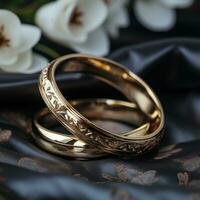 A pair of gold rings, romantic celebration design background at wedding, love. Ai generative concept photo