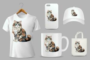 Hand Drawn Solid Color Cat Illustration On Different Product Templates vector