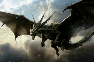 Flying black dragon. Generate Ai photo