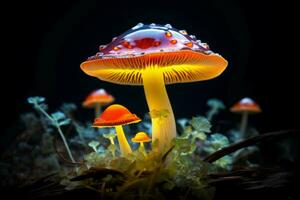 Magic fluorescent mushroom. Generate Ai photo