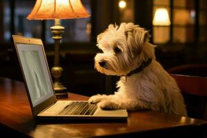 Dog looking laptop. Generate Ai photo