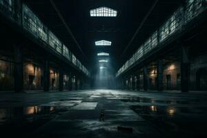 Eerie Dark empty warehouse. Generate Ai photo