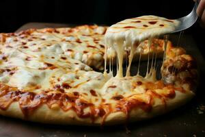 Steaming Cheesy pizza on table. Generate Ai photo