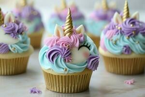 Colorful Cute unicorn cupcakes. Generate Ai photo