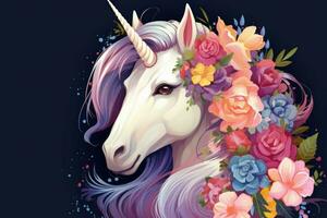 Enchanting Cute unicorn with flowers. Generate AI photo