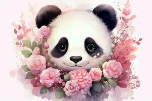 Tiny Cute baby panda flowers. Generate Ai photo