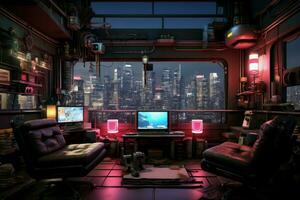 Futuristic Cyberpunk apartment. Generate Ai photo