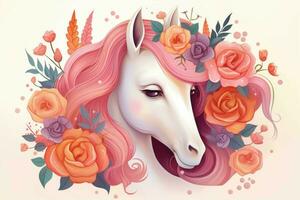 Floral Cute unicorn with flowers. Generate AI photo