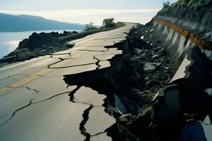 Unstable Cracks road after earthquake. Generate Ai photo