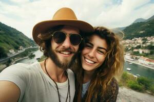 Couple traveler selfie. Generate Ai photo
