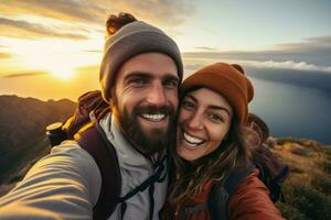 Picturesque Couple traveler selfie. Generate Ai photo