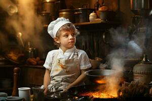 Cook child boy kitchen. Generate Ai photo