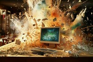 Unexpected Computer desktop exploding. Generate Ai photo