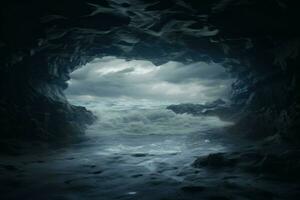 Luminous Sea wave photo from cave. Generate AI