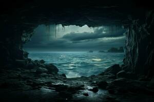 Tranquil Sea wave photo from cave. Generate AI