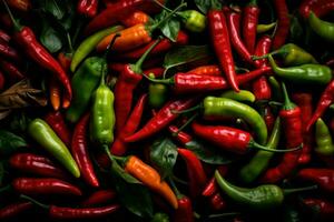 Chili peppers top view background. Generate Ai photo