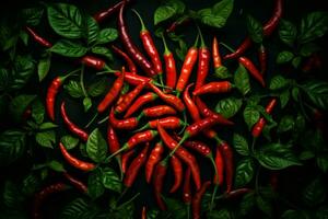 Multi-textured Chili peppers top view background. Generate Ai photo