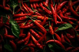 Spicy Chili peppers top view background. Generate Ai photo