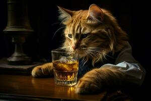 Cat drinking cocktail. Generate Ai photo