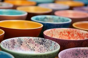 Vibrant Ceramic bowl with colorful powder. Generate Ai photo